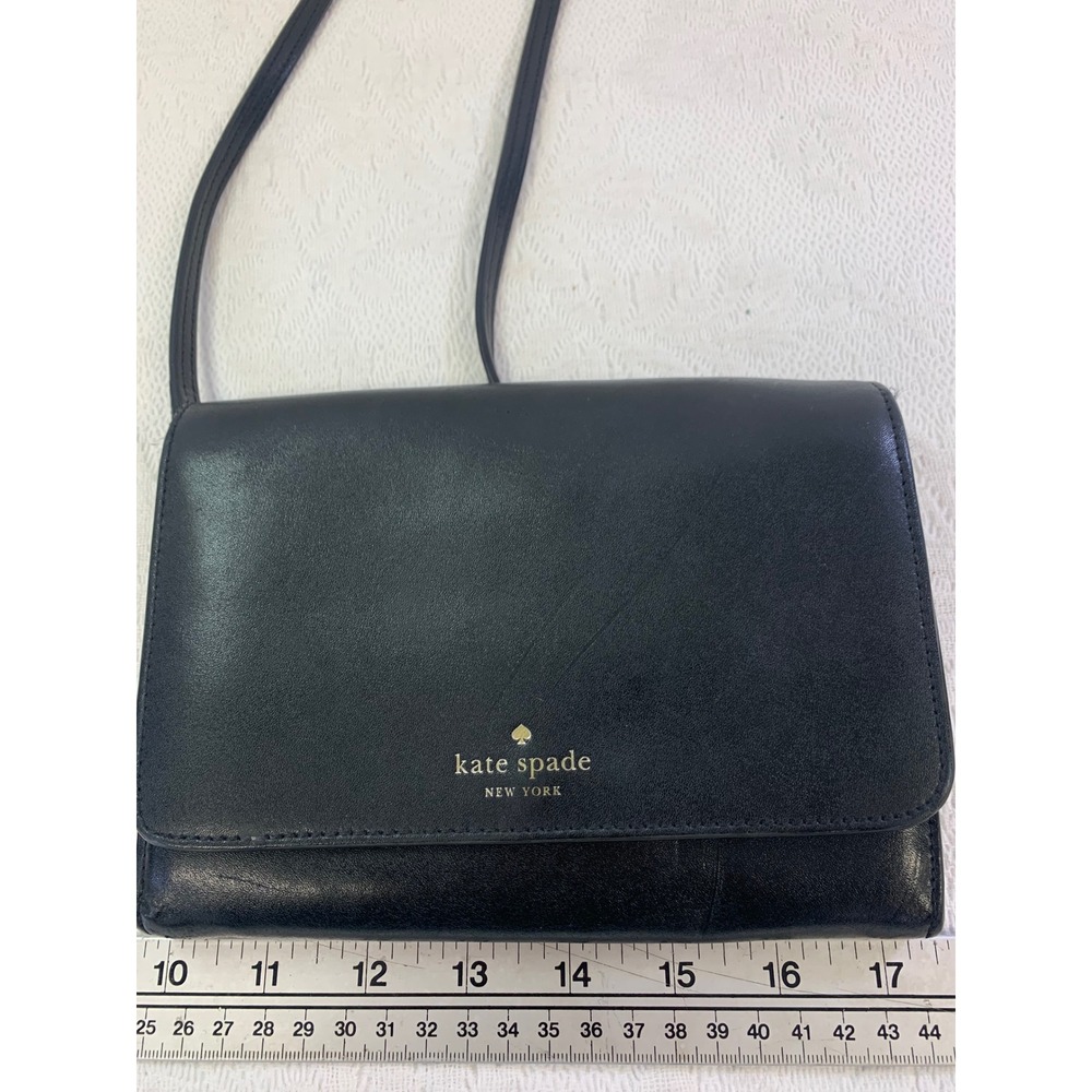 Kate Spade New York Black Leather Kerri Crossbody Wallet Clutch Bag Gold Logo